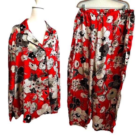 VTG KIM ROGERS SATIN PAJAMA SET Nightgown SIZE Plus Size 3XL Red Floral 80s - Picture 1 of 14
